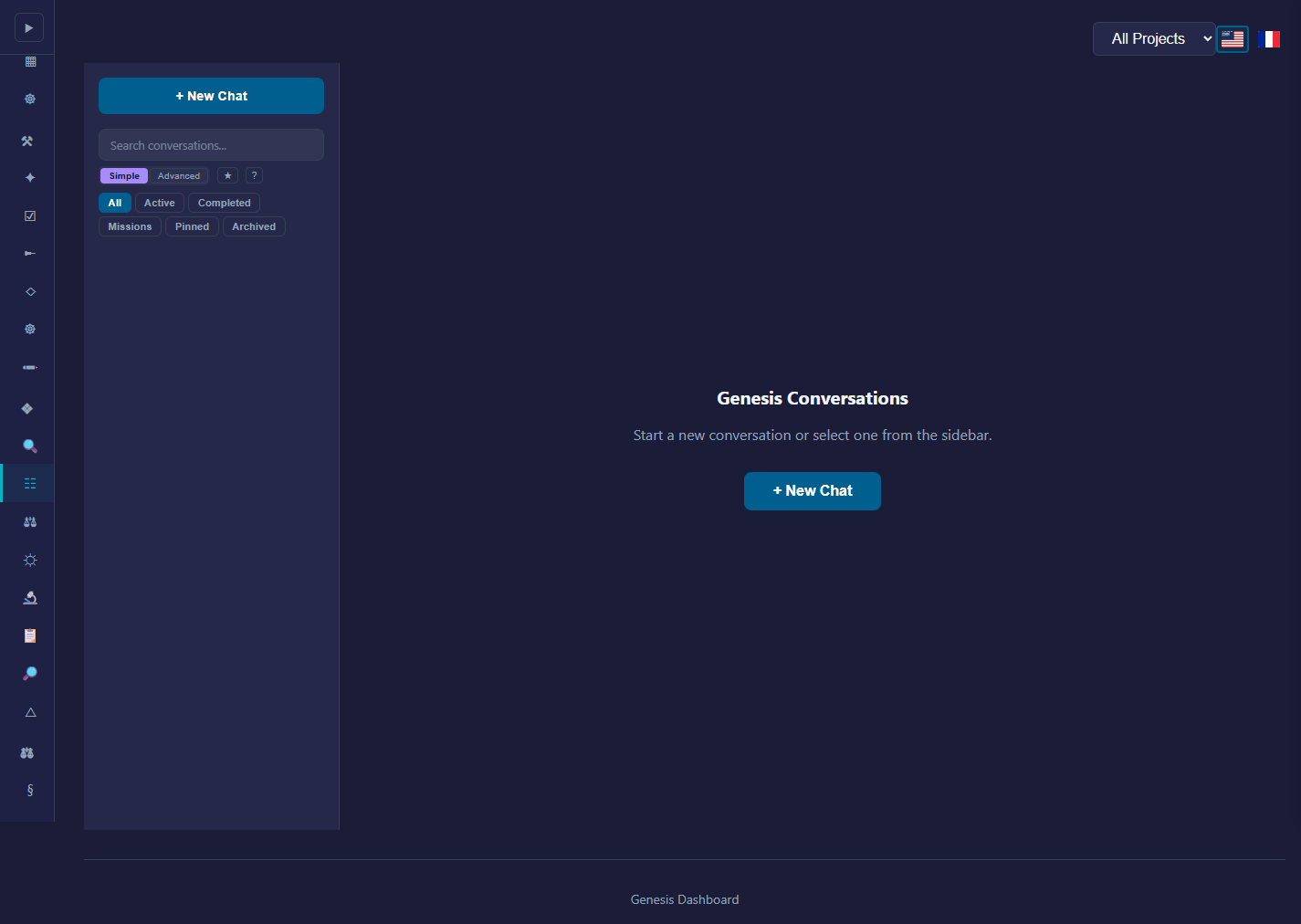 Conversations page (empty state) — your first conversation starts here