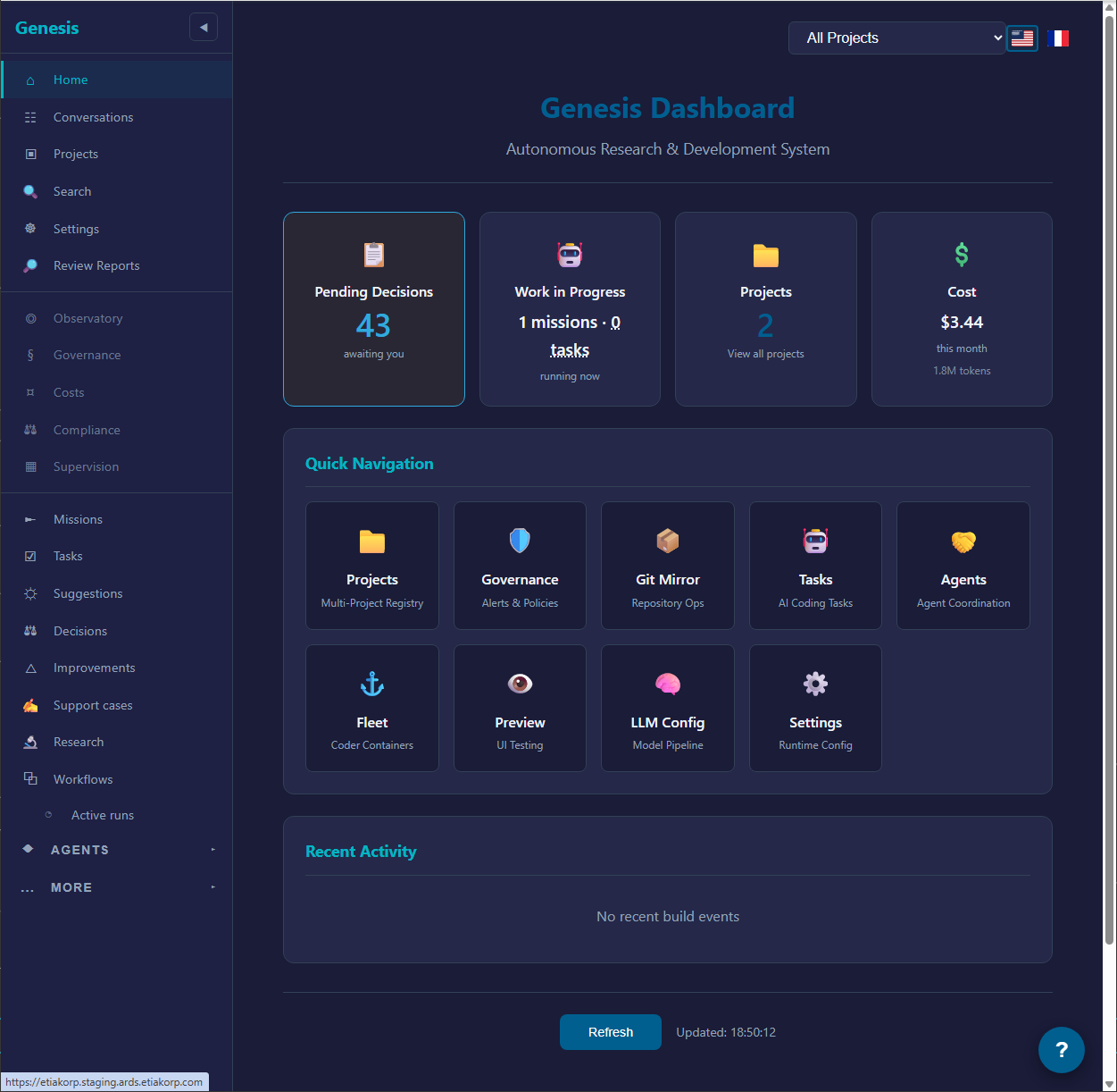 Tableau de bord — métriques système et navigation rapide