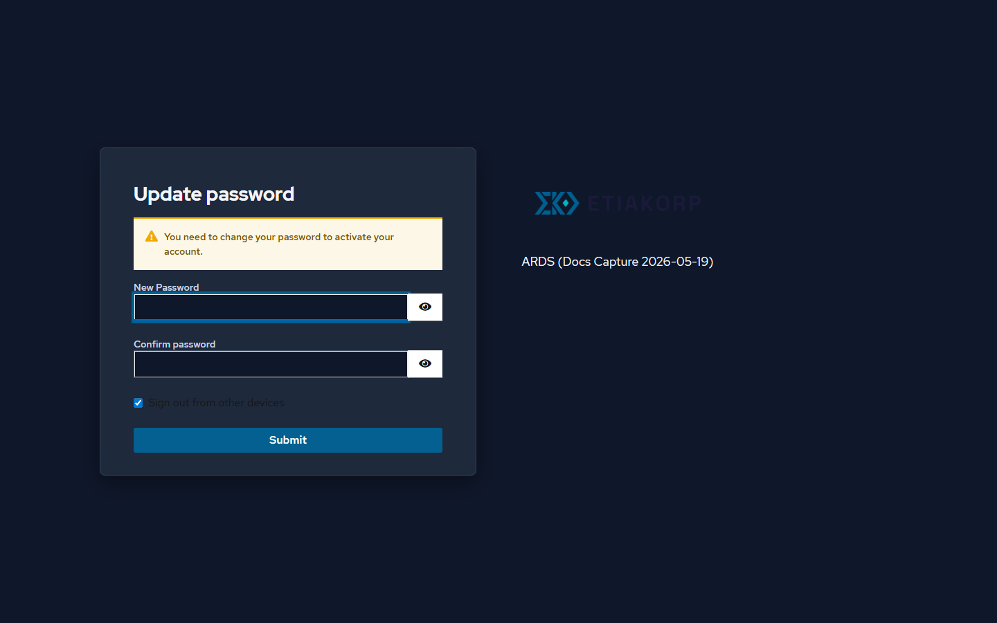 Écran « définir le mot de passe » du fournisseur d'identité