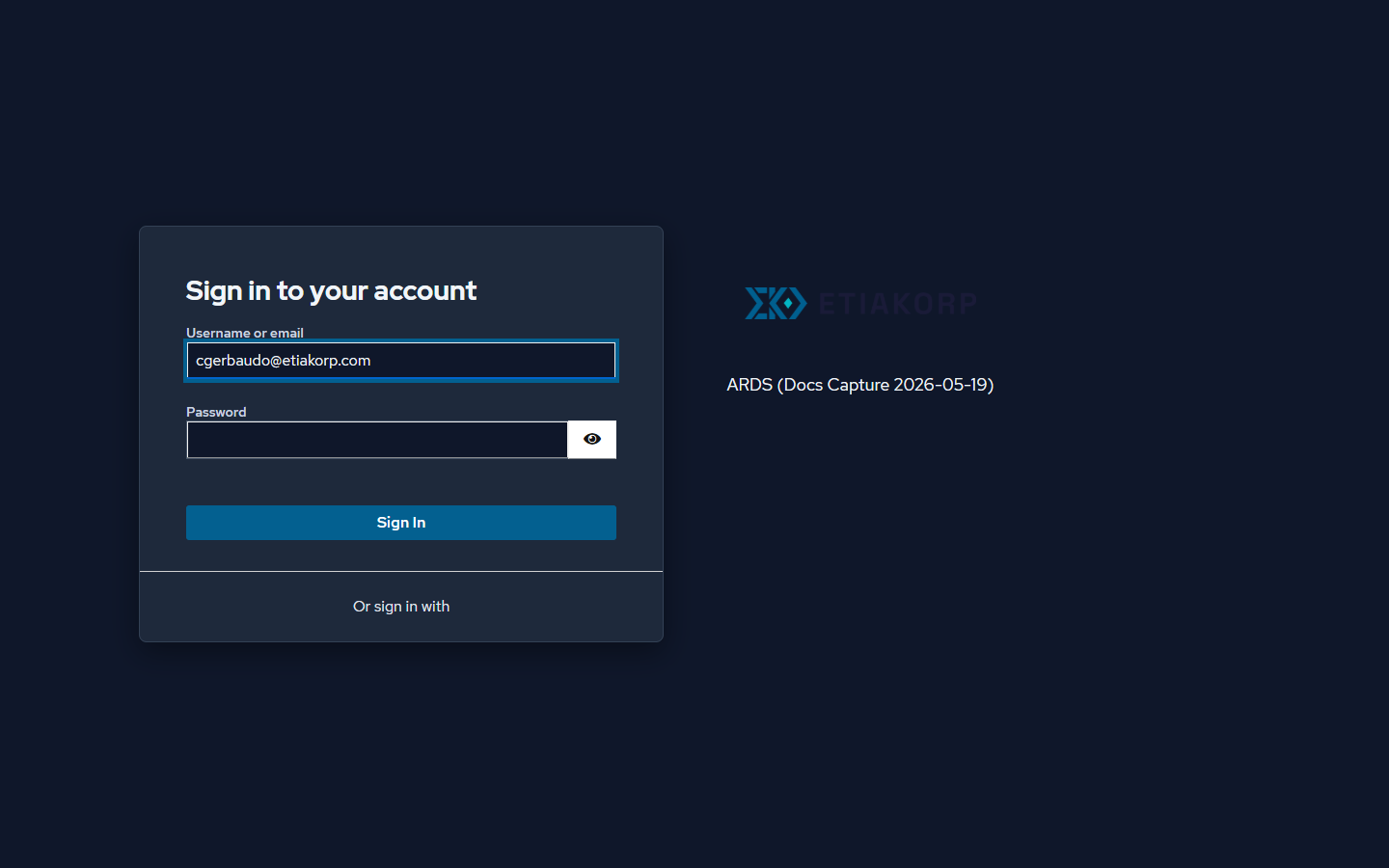 Écran de connexion avec l'email pré-rempli
